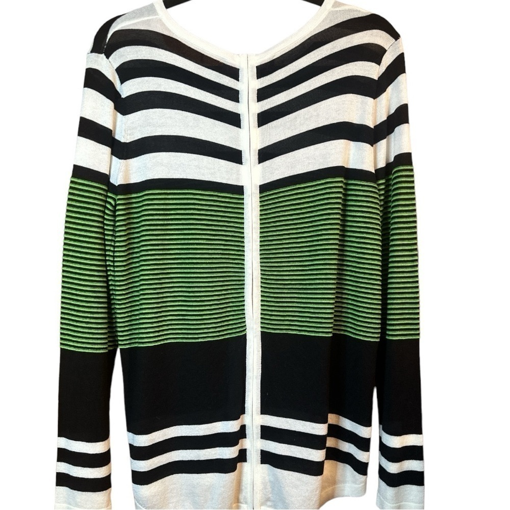 Peck & Peck Green Black Striped Scooped Neck Zip Back Lightweight Knit Top - Picture 2 of 6
